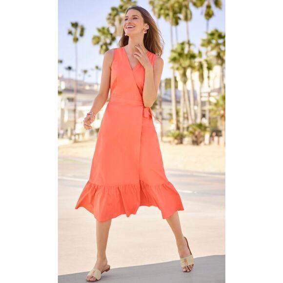Talbots Sleeveless Peachy Orange V-Neck Poplin Wrap Midi Dress size 12/XL - Picture 1 of 8